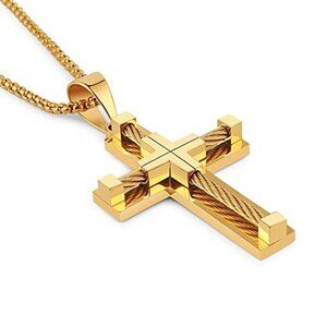 Stainless Steel Cable Gold Cross Necklace-Men's Fashion Jewelry